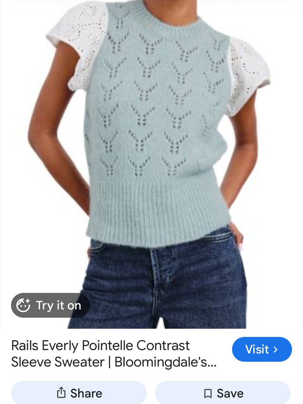 Rails Pale Blue Pointelle Sweater with White Contrast Sleeves